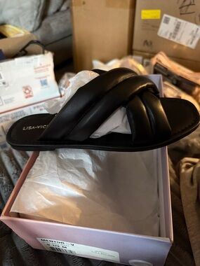 Lisa-Vicente Black Padded Crossover Slide Sandals for Women